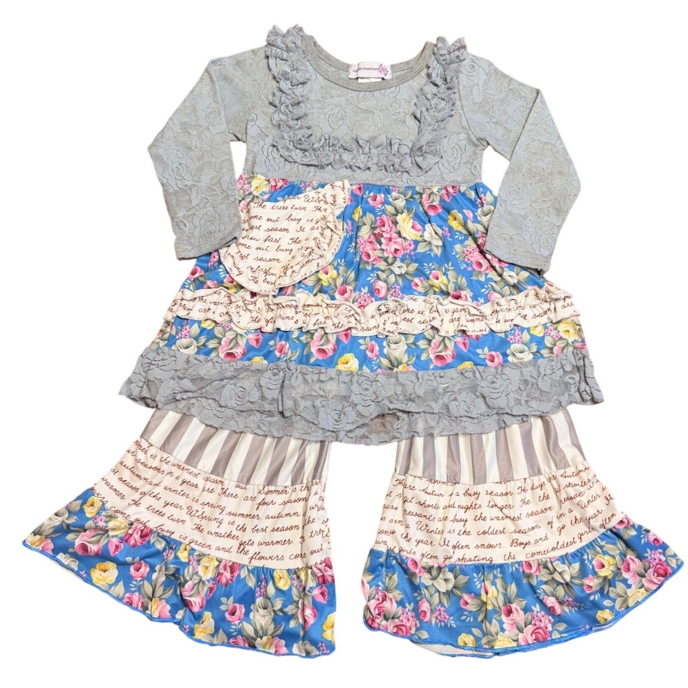 Adorable Sweetness Girls Pant Set 4 Blue Floral Lace Ruffle Script Outfit